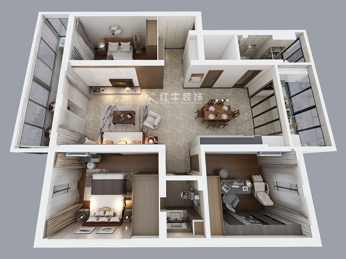 魏明花｜汉中门大街3号-3-4-307-147㎡-现代简约风格｜3室2厅2卫｜二手房装修｜定制家￥212979｜全包21万｜00_03鸟瞰图